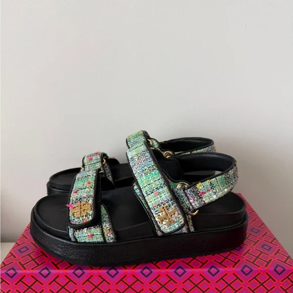Tory Burch Tweed Platform Sandals in Mint Multi and Black - Picture 3 of 7